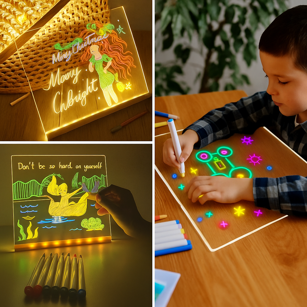 BUFFER® LED Işıklı Kendiliğinden Renkli Fosforlu Kalemli Kare Yazı Panosu 20x20 cm