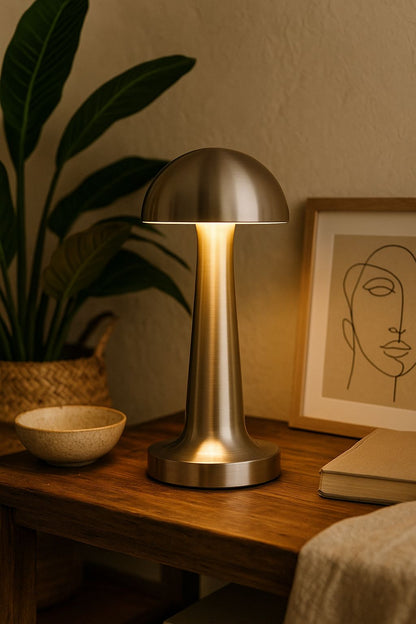 Şarjlı Silver LED Masa Lambası – Mantar Tasarım, Dokunmatik, 3 Kademe